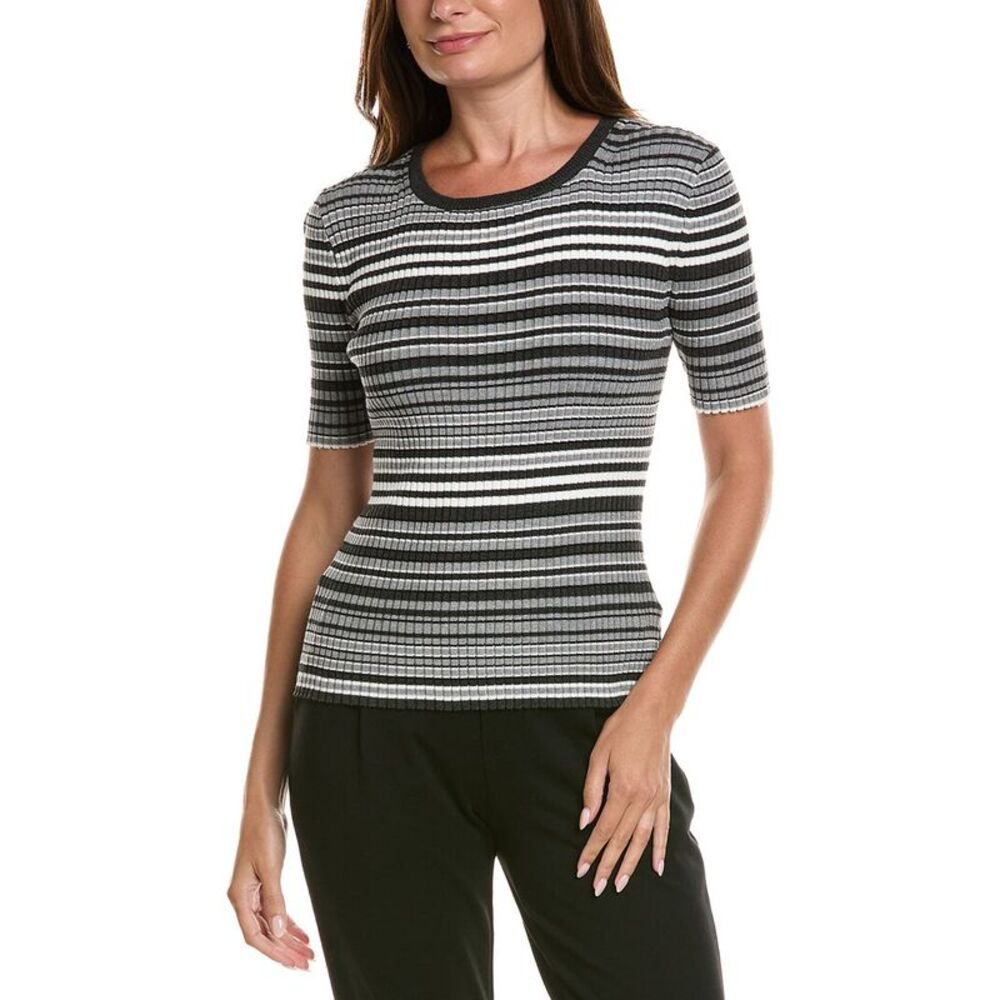 T Tahari Womens Stripped Ribbed Knit T-Shirt, Grey